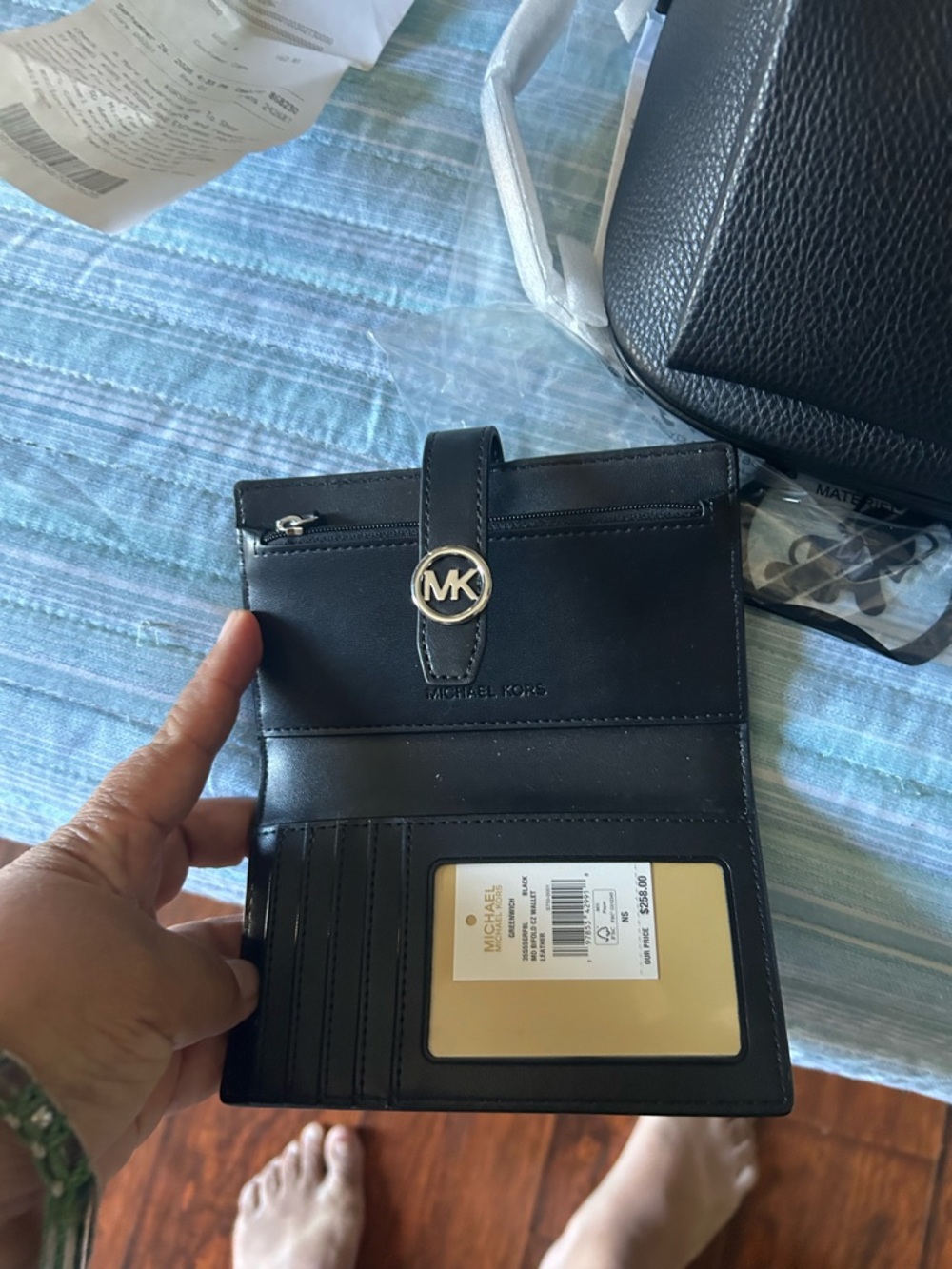 Michael Kors Black Leather Fold Wallet with Gold MK Button